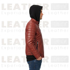Men’s Red Moto Leather Jacket with Removable Hoodie – Quilted Biker Style