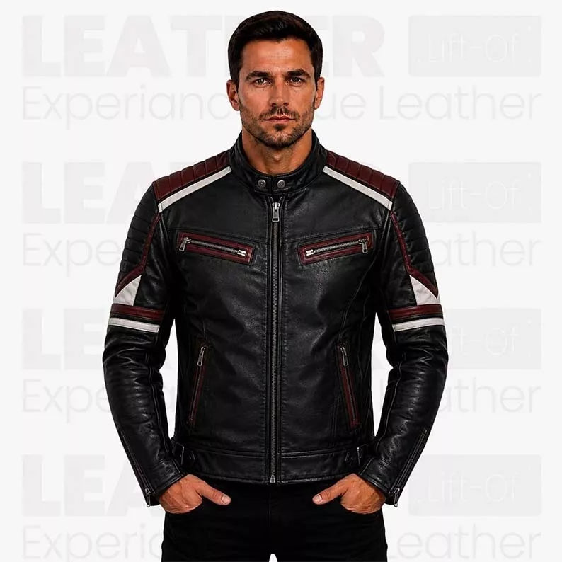 Men's Black Burgundy Cafe Racer Leather Jacket - Vintage Biker Motorcycle Coat