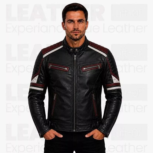 Men's Black Burgundy Cafe Racer Leather Jacket - Vintage Biker Motorcycle Coat