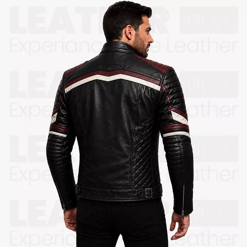 Men's Black Burgundy Cafe Racer Leather Jacket - Vintage Biker Motorcycle Coat
