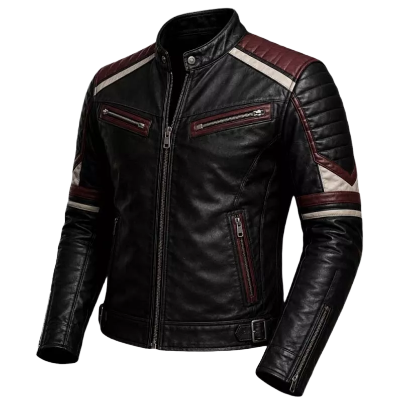 Men's Black Burgundy Cafe Racer Leather Jacket - Vintage Biker Motorcycle Coat