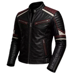 Men's Black Burgundy Cafe Racer Leather Jacket - Vintage Biker Motorcycle Coat