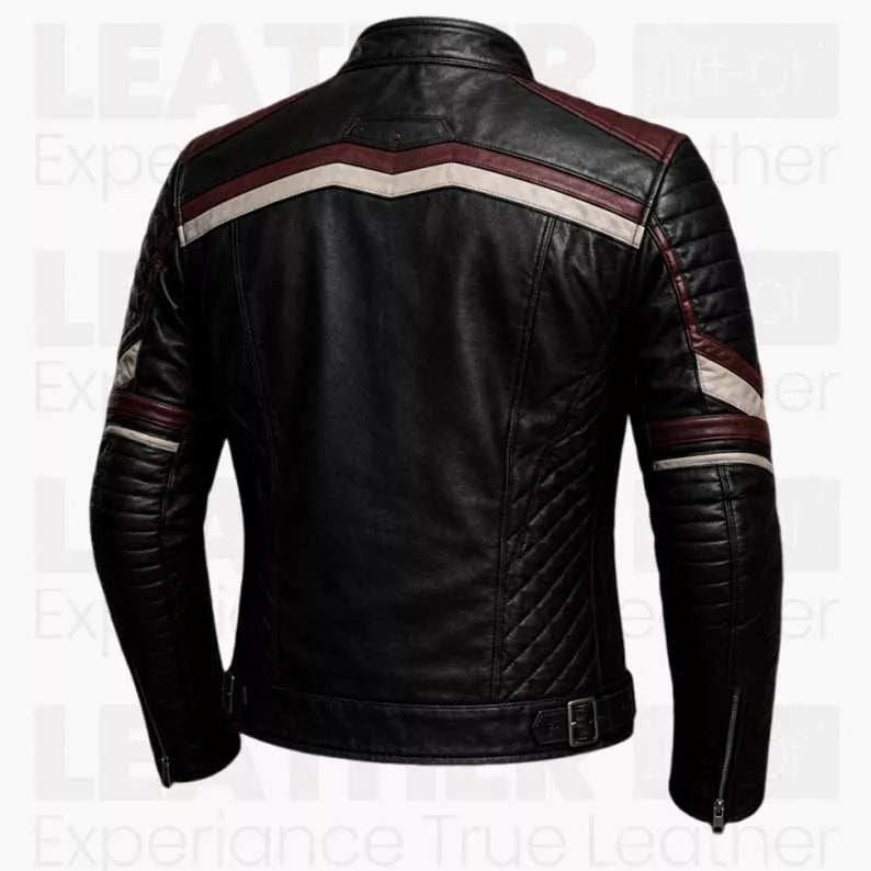 Men's Black Burgundy Cafe Racer Leather Jacket - Vintage Biker Motorcycle Coat