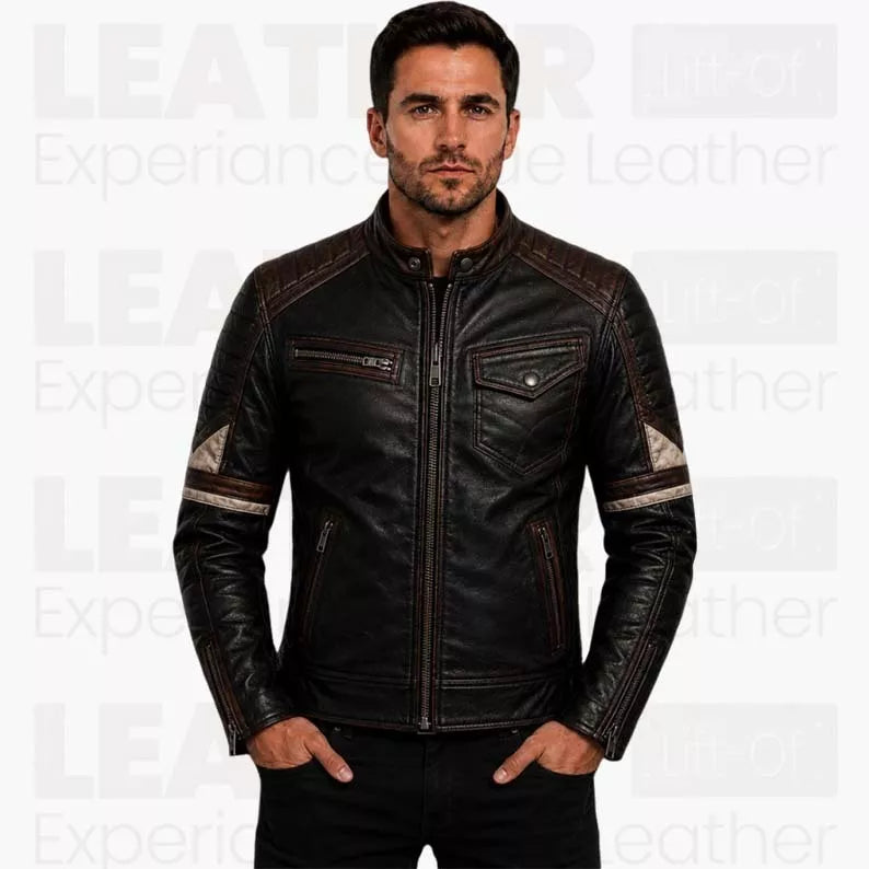 Vintage Biker Leather Jacket for Men - Retro Distressed Leather Coat