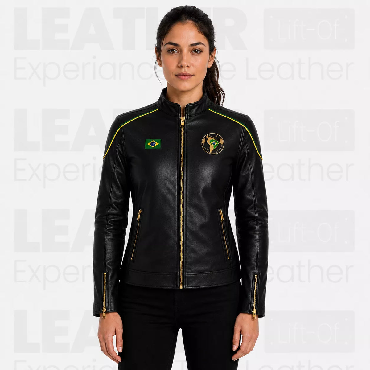 Women’s Brazil Soccer Fan Leather Jacket | Black Gold Zip Biker Jacket
