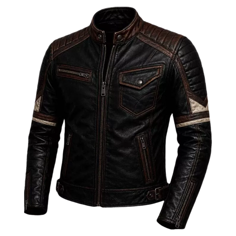 Vintage Biker Leather Jacket for Men - Retro Distressed Leather Coat