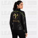 Women’s Brazil Soccer Fan Leather Jacket | Black Gold Zip Biker Jacket