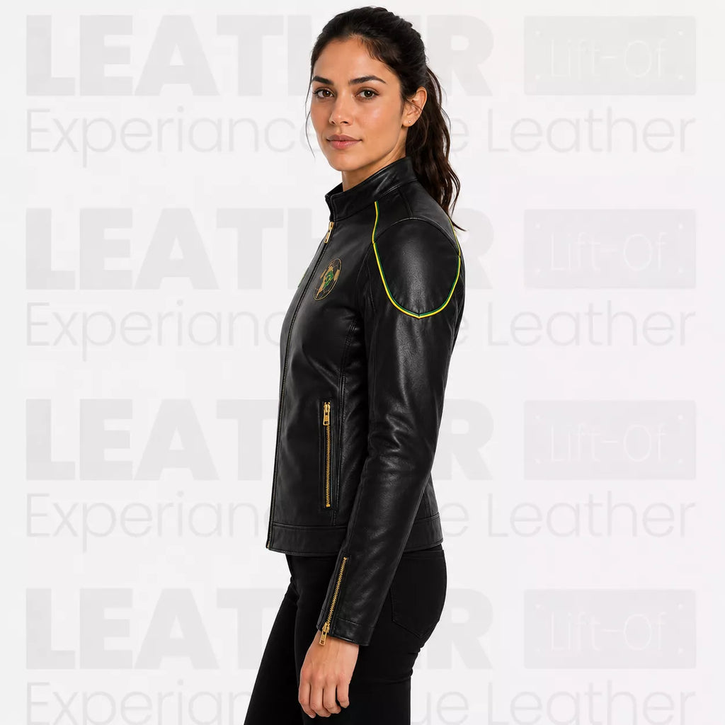 Women’s Brazil Soccer Fan Leather Jacket | Black Gold Zip Biker Jacket