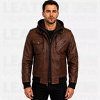Men's Brown Hooded Leather Bomber Jacket – Premium Genuine Leather Casual Winter Motorcycle Jacket