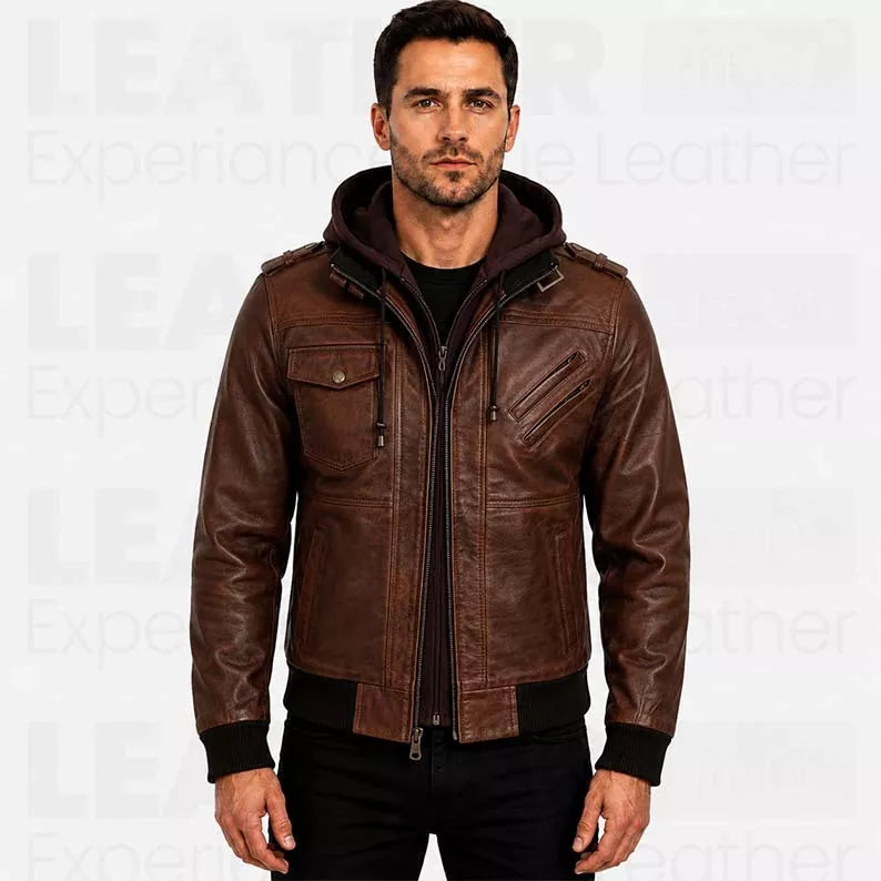 Men's Brown Hooded Leather Bomber Jacket – Premium Genuine Leather Casual Winter Motorcycle Jacket