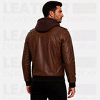 Men's Brown Hooded Leather Bomber Jacket – Premium Genuine Leather Casual Winter Motorcycle Jacket