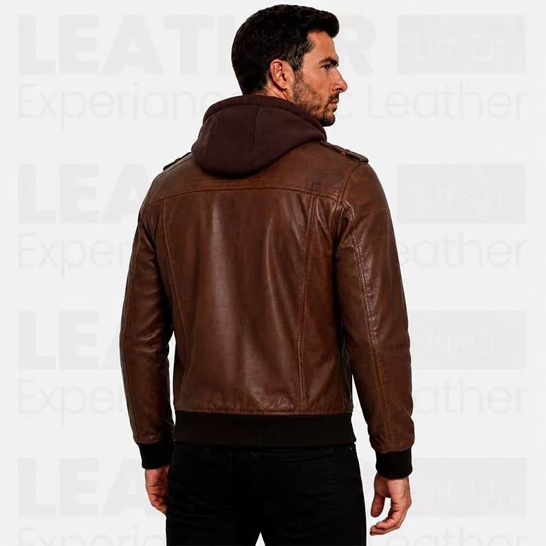 Men's Brown Hooded Leather Bomber Jacket – Premium Genuine Leather Casual Winter Motorcycle Jacket