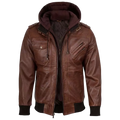 Men's Brown Hooded Leather Bomber Jacket – Premium Genuine Leather Casual Winter Motorcycle Jacket