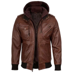 Men's Brown Hooded Leather Bomber Jacket – Premium Genuine Leather Casual Winter Motorcycle Jacket