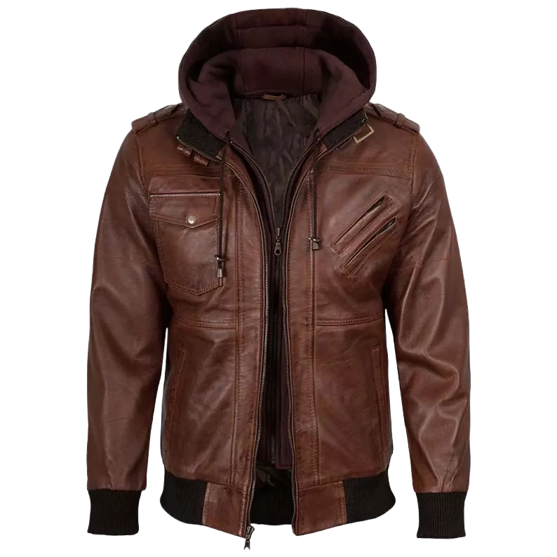Men's Brown Hooded Leather Bomber Jacket – Premium Genuine Leather Casual Winter Motorcycle Jacket