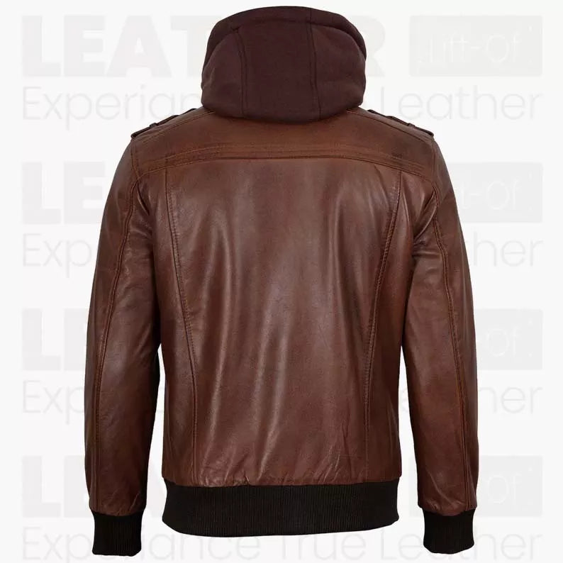 Men's Brown Hooded Leather Bomber Jacket – Premium Genuine Leather Casual Winter Motorcycle Jacket