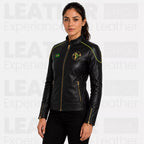 Women’s Brazil Soccer Fan Leather Jacket | Black Gold Zip Biker Jacket
