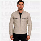 Men's Beige Cafe Racer Leather Jacket – Quilted Motorcycle Rider Jacket