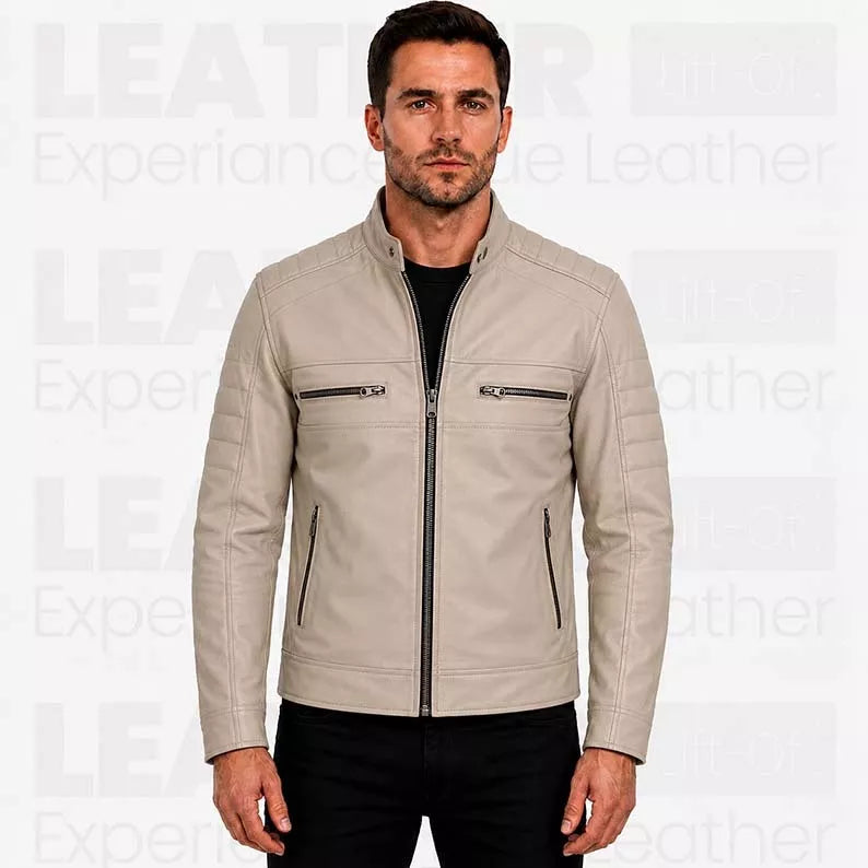 Men's Beige Cafe Racer Leather Jacket – Quilted Motorcycle Rider Jacket