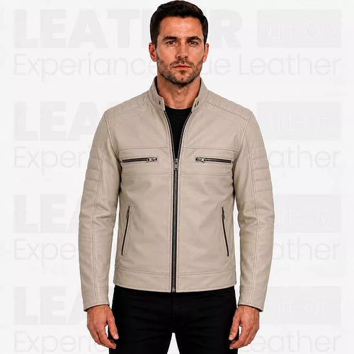 Men's Beige Cafe Racer Leather Jacket – Quilted Motorcycle Rider Jacket
