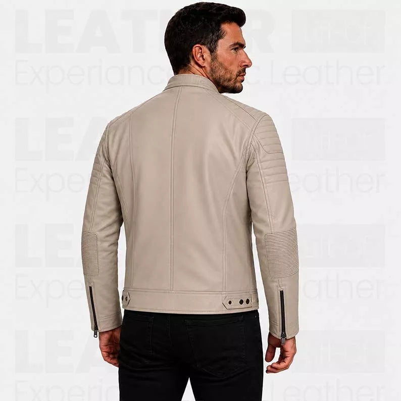Men's Beige Cafe Racer Leather Jacket – Quilted Motorcycle Rider Jacket