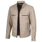 Men's Beige Cafe Racer Leather Jacket – Quilted Motorcycle Rider Jacket