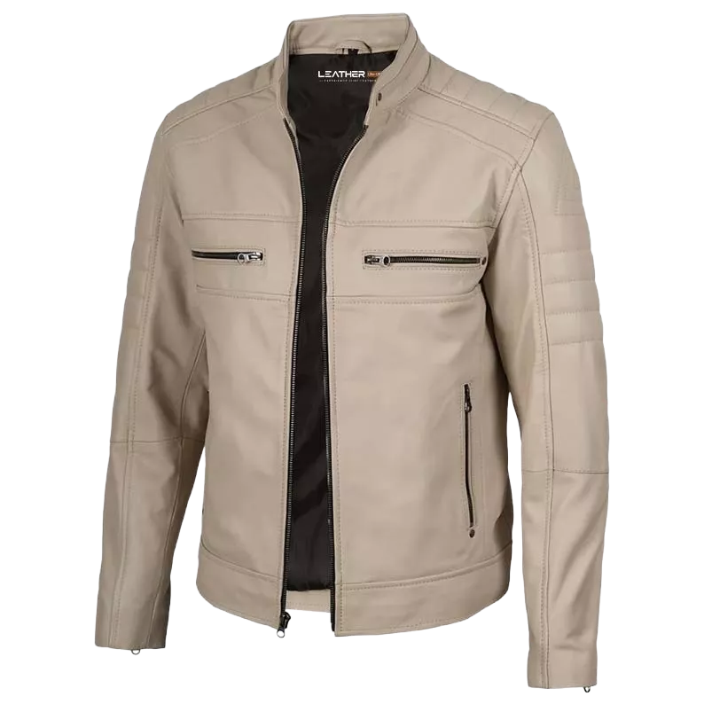 Men's Beige Cafe Racer Leather Jacket – Quilted Motorcycle Rider Jacket