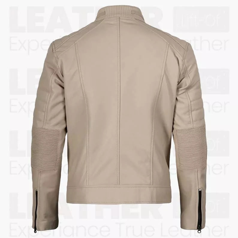 Men's Beige Cafe Racer Leather Jacket – Quilted Motorcycle Rider Jacket
