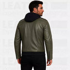 Men’s Olive Green Hooded Leather Bomber Jacket – Military Style Jacket