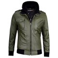Men’s Olive Green Hooded Leather Bomber Jacket – Military Style Jacket