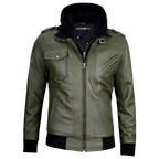 Men’s Olive Green Hooded Leather Bomber Jacket – Military Style Jacket