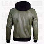 Men’s Olive Green Hooded Leather Bomber Jacket – Military Style Jacket