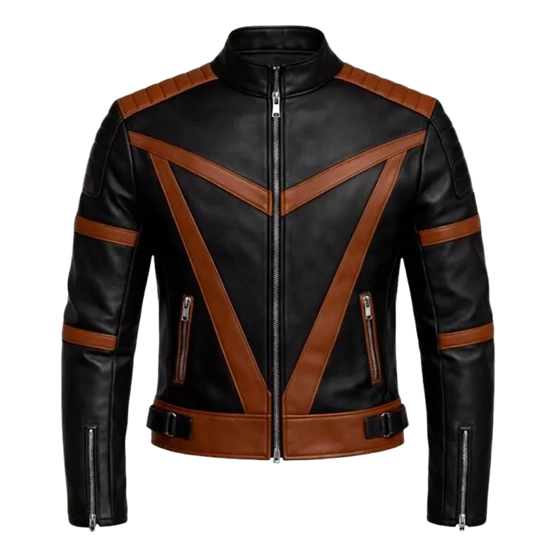 Men's Black & Brown Trending Leather Racer Jacket – Premium Color Block Motorcycle Jacket