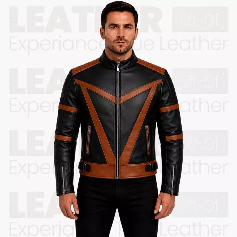 Men's Black & Brown Trending Leather Racer Jacket – Premium Color Block Motorcycle Jacket