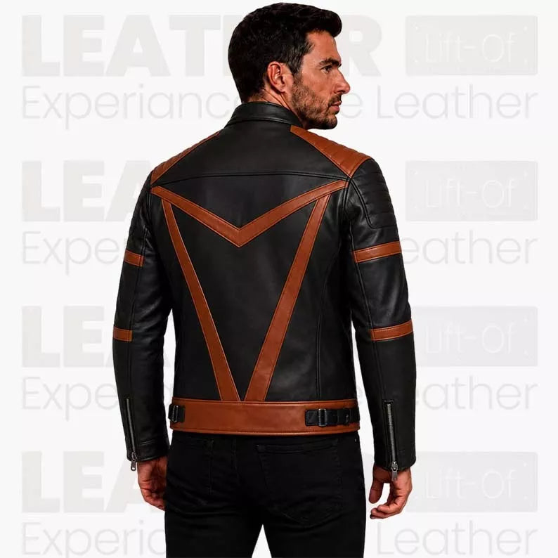 Men's Black & Brown Trending Leather Racer Jacket – Premium Color Block Motorcycle Jacket