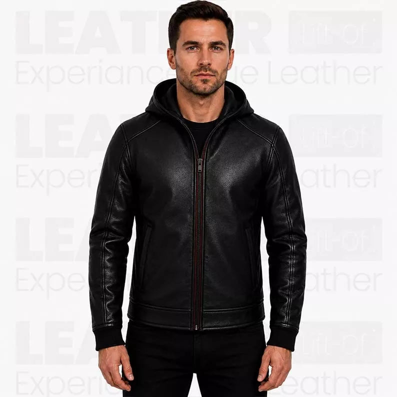 Batman Inspired Black Leather Hooded Jacket for Men - Superhero Style Zip Up Hoodie Jacket