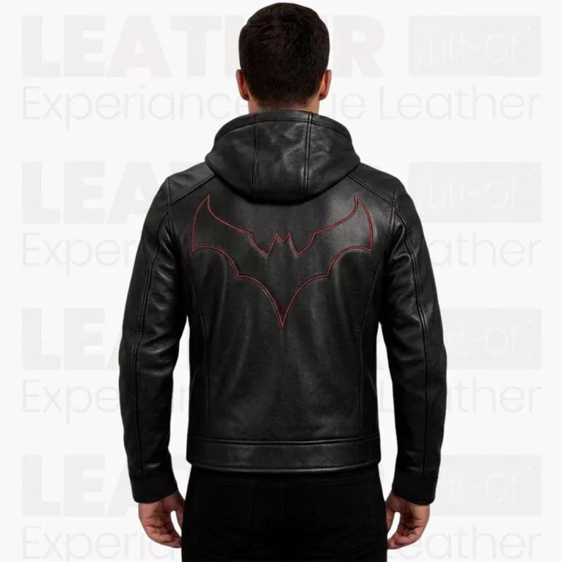Batman Inspired Black Leather Hooded Jacket for Men - Superhero Style Zip Up Hoodie Jacket