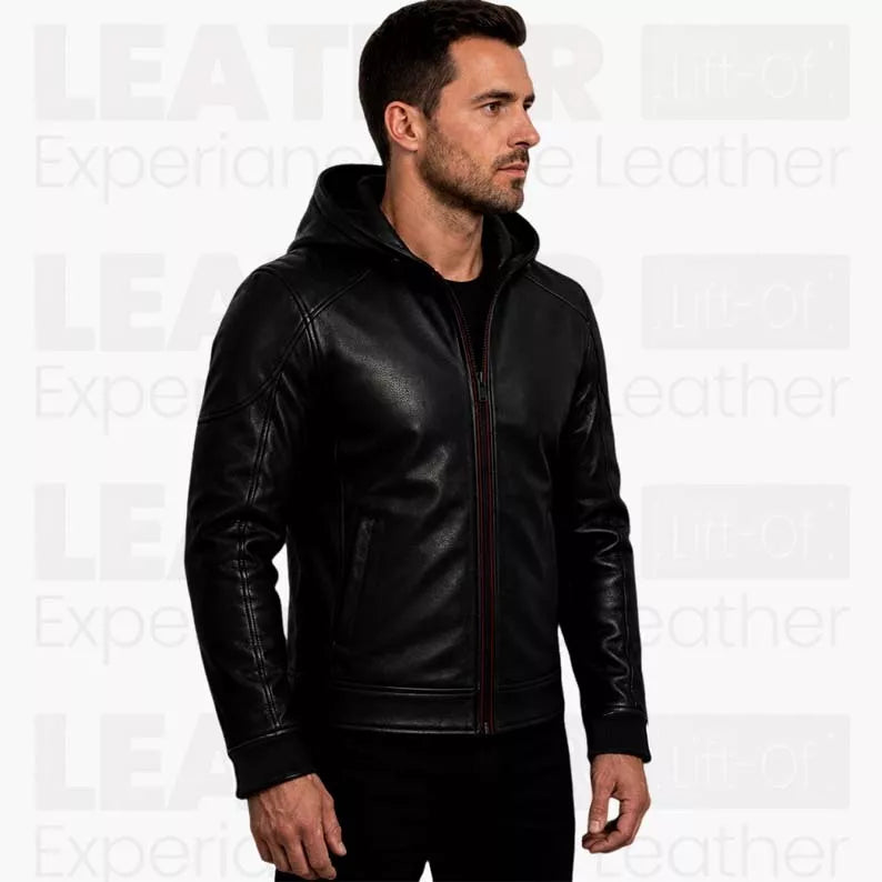 Batman Inspired Black Leather Hooded Jacket for Men - Superhero Style Zip Up Hoodie Jacket