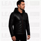 Batman Inspired Black Leather Hooded Jacket for Men - Superhero Style Zip Up Hoodie Jacket