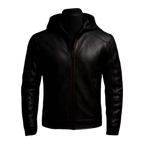 Batman Inspired Black Leather Hooded Jacket for Men - Superhero Style Zip Up Hoodie Jacket