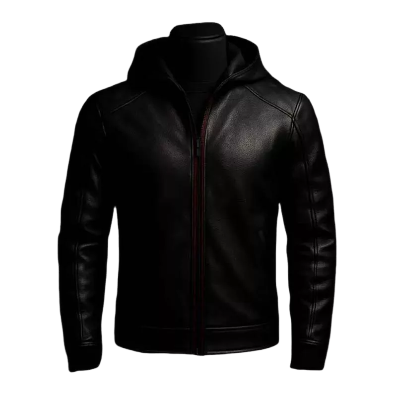 Batman Inspired Black Leather Hooded Jacket for Men - Superhero Style Zip Up Hoodie Jacket