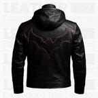 Batman Inspired Black Leather Hooded Jacket for Men - Superhero Style Zip Up Hoodie Jacket