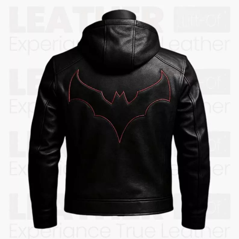 Batman Inspired Black Leather Hooded Jacket for Men - Superhero Style Zip Up Hoodie Jacket