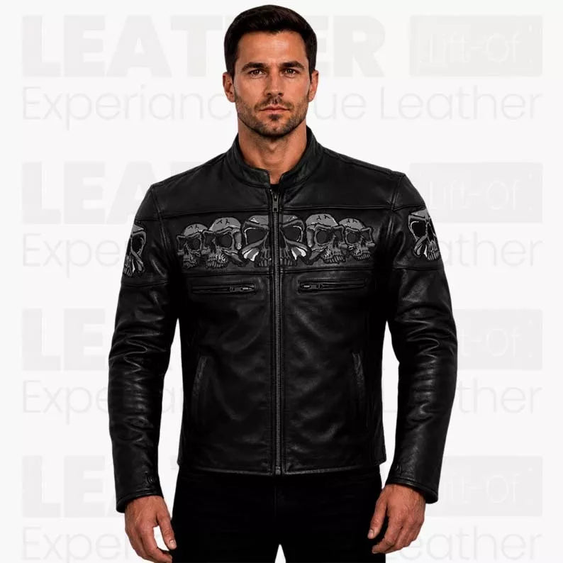 Skull Leather Jacket for Men - Gothic Biker Jacket - Black Motorcycle Coat