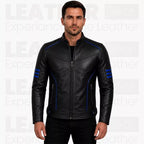 Captain America Inspired Black Leather Jacket for Men - Blue Star Motorcycle Jacket
