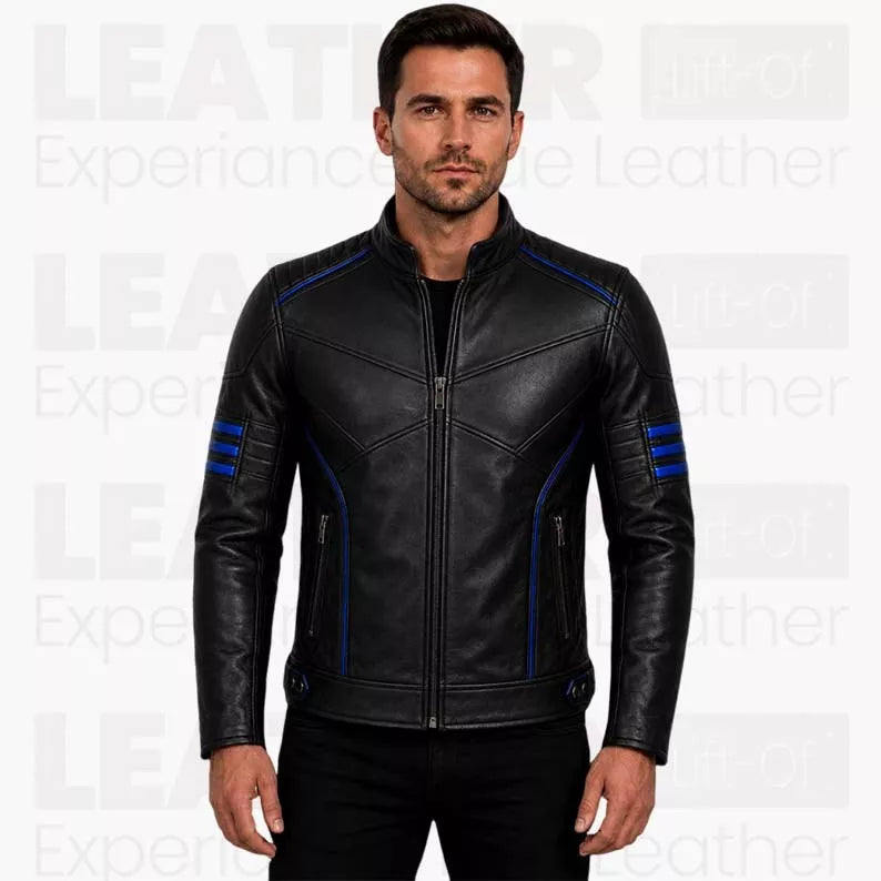 Captain America Inspired Black Leather Jacket for Men - Blue Star Motorcycle Jacket