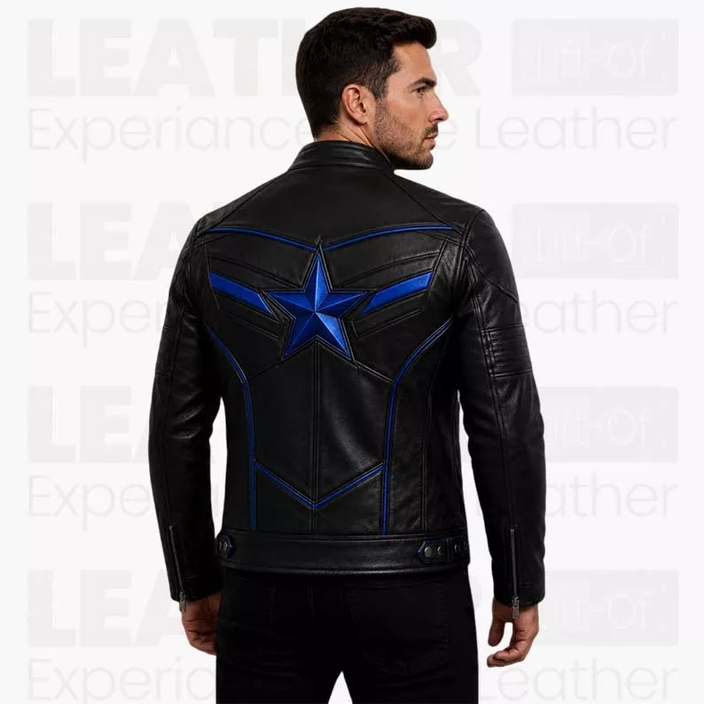 Captain America Inspired Black Leather Jacket for Men - Blue Star Motorcycle Jacket