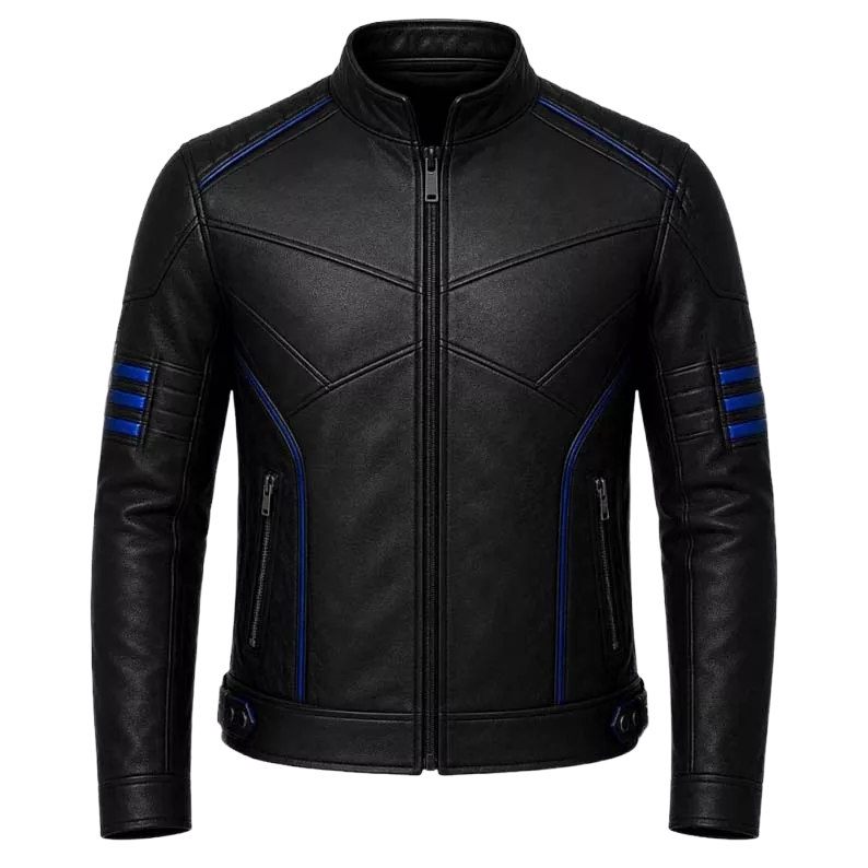 Captain America Inspired Black Leather Jacket for Men - Blue Star Motorcycle Jacket