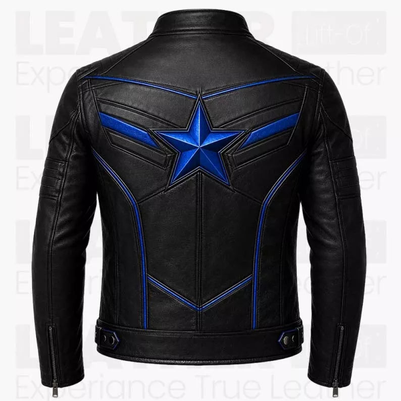 Captain America Inspired Black Leather Jacket for Men - Blue Star Motorcycle Jacket