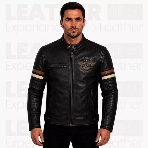 Men's Vintage Cafe Racer Motorcycle Coat - Black Biker Outerwear - Retro Ride To Live Style description : Classic Motorcycle Style Meets Timeless Craftsmanship